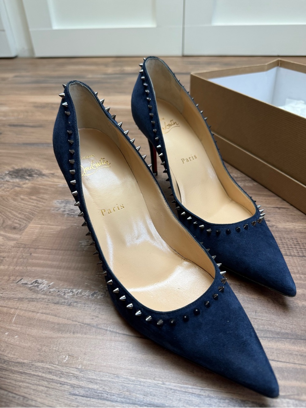 Christian Louboutin Navy Suede Studded Pointed-Toe Angalina Pumps
